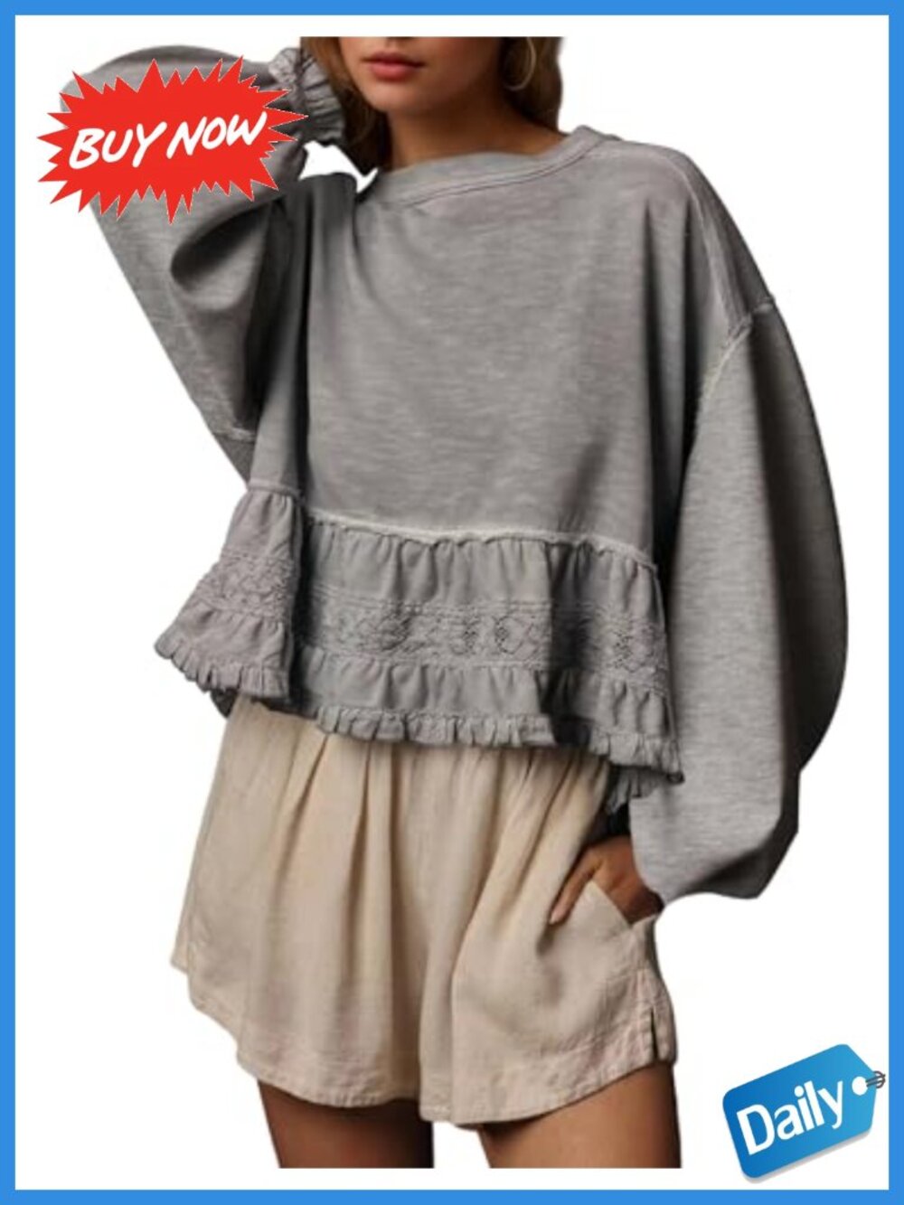 Oversized Peplum Sweatshirt Long Sleeve Crewneck Babydoll Ruffle Lace Women